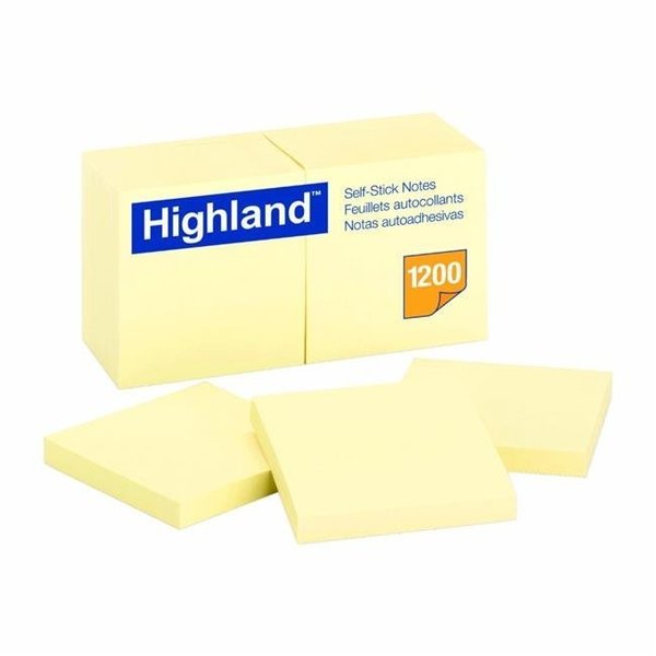 3M Highland 077320 Self-Stick Note; 3 x 3 In. - 100 Sheets Per Pad; Yellow; Pack Of 12 77320